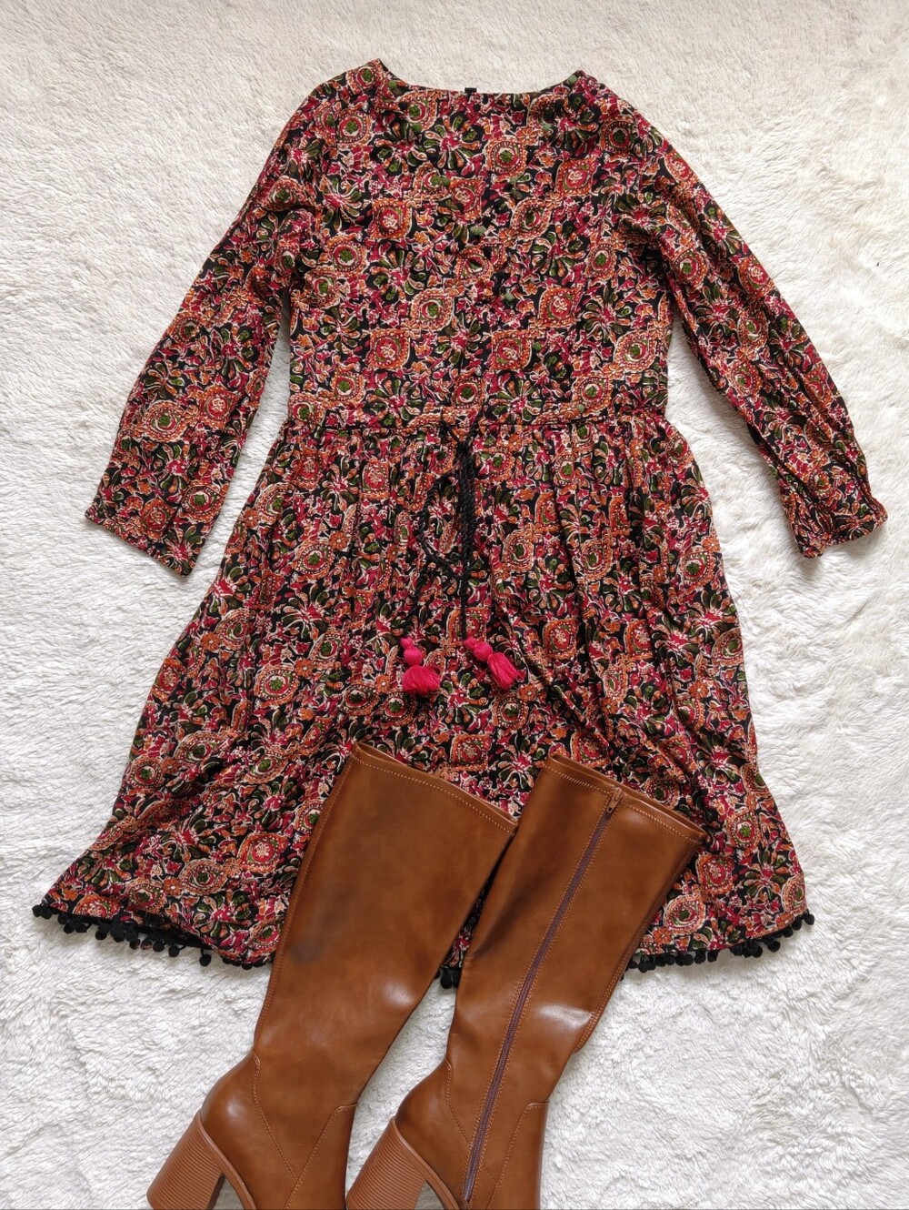 Boutique Floral Mini Dress | Long Sleeve Pom Pom Trim Tassel Boho Size | Small S